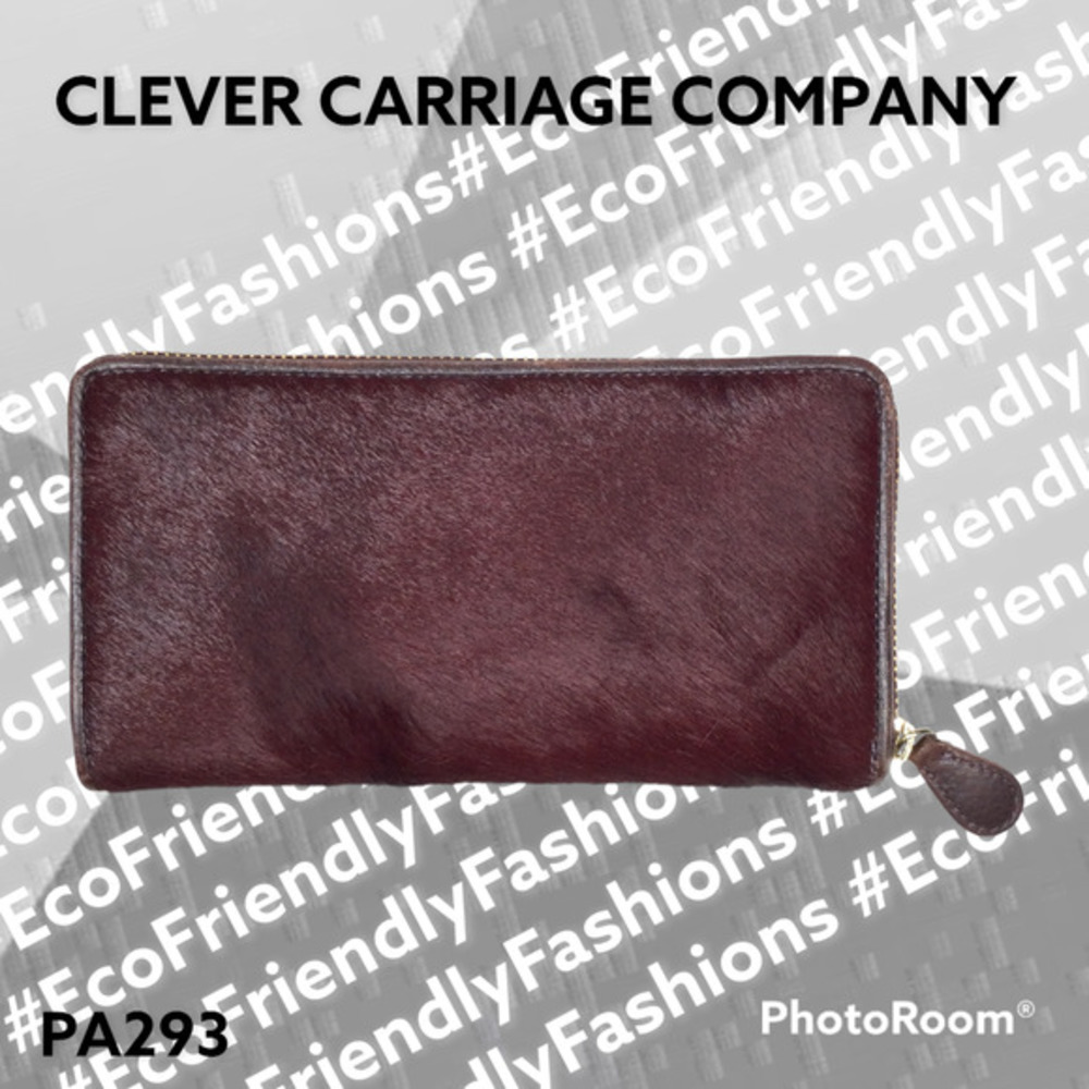 Clever Carriage Company Womens Calf Hair Leather Fur Zip- Around Wallet Burgundy - Picture 1 of 6